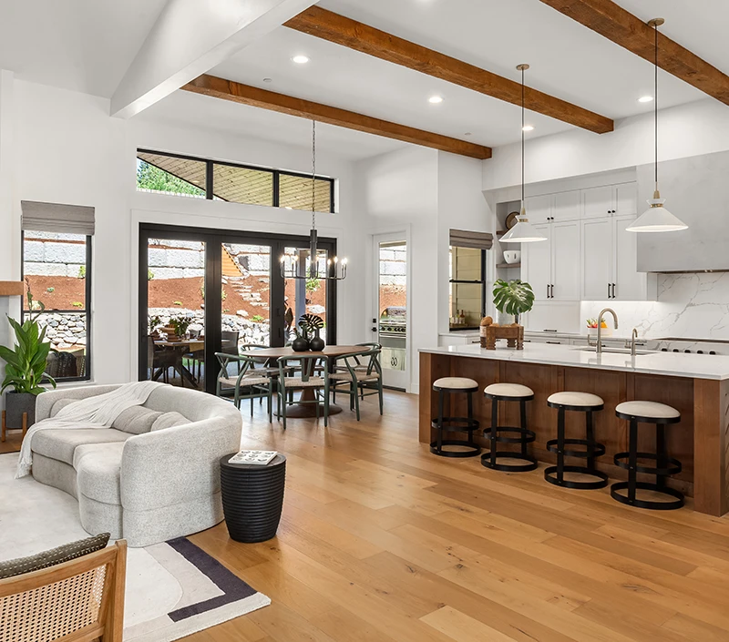 Living room and kitchen with luxury hardwood floors